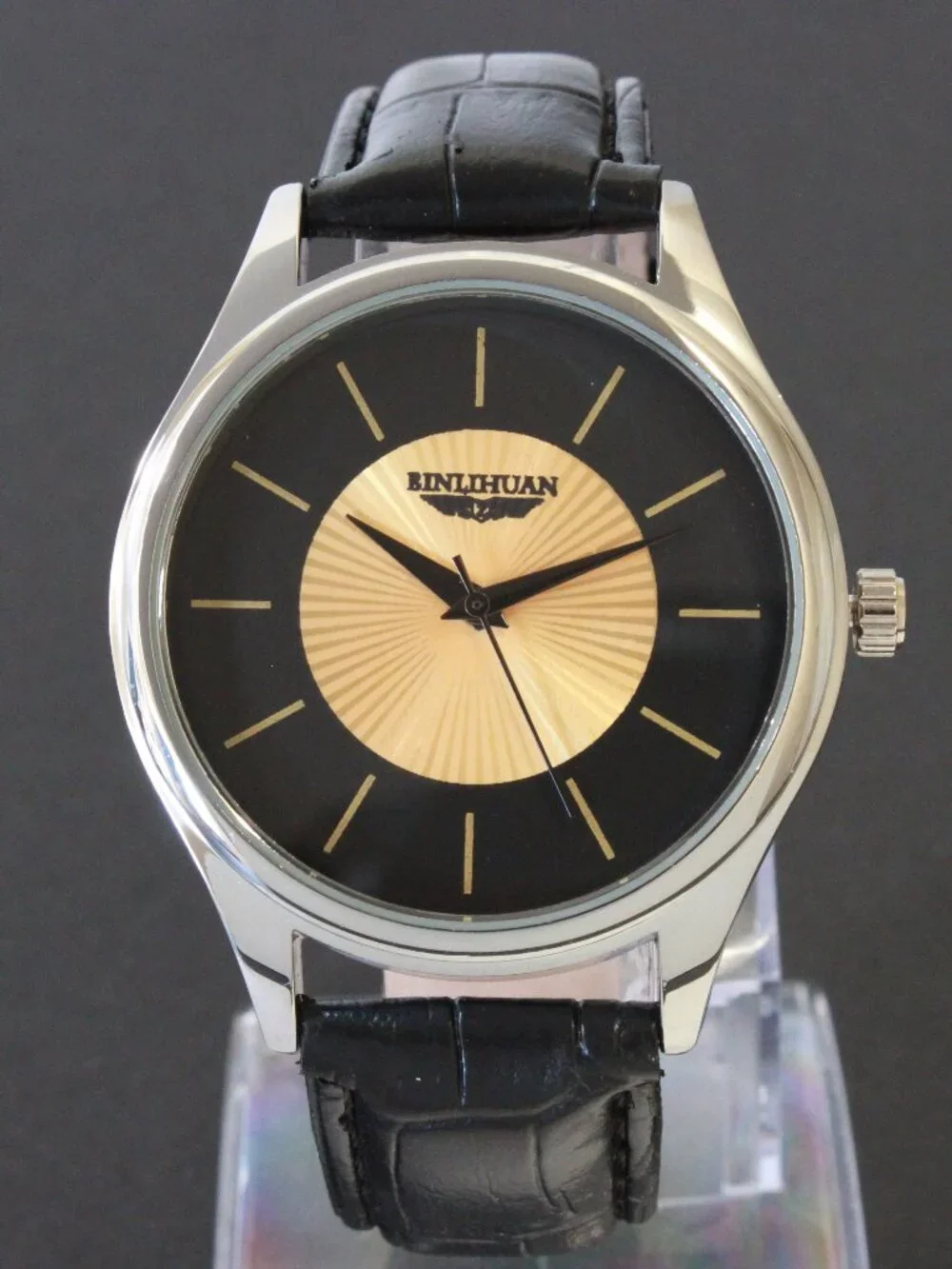 Men's Quartz Dress Watch Black Dial Gold Textured Insert Black Strap 42mm